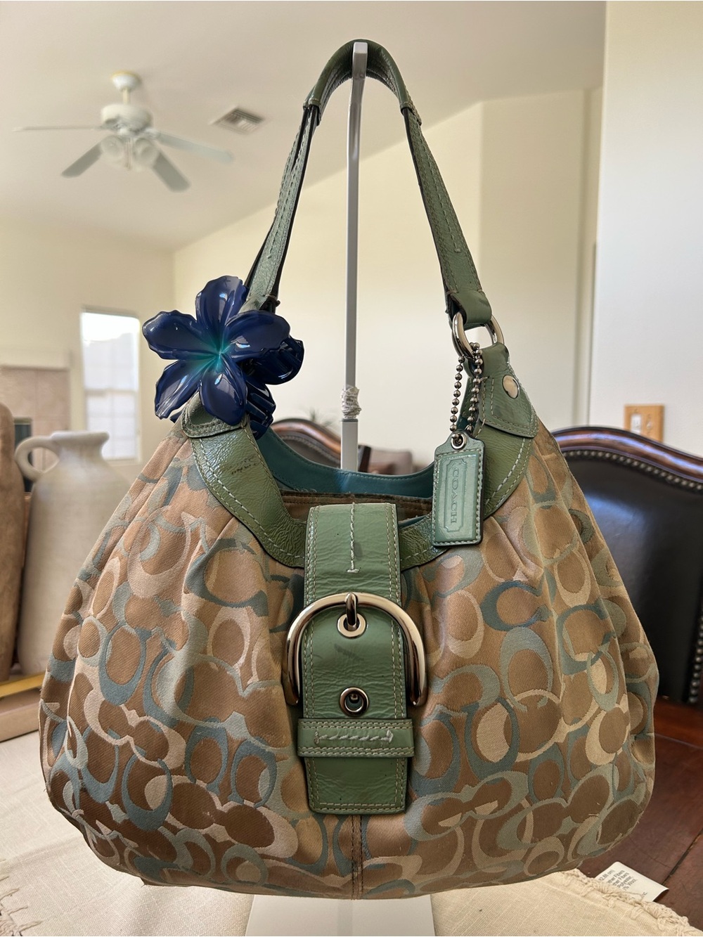 Coach Tan and Green Signature Shoulder Bag with Buckle Detail